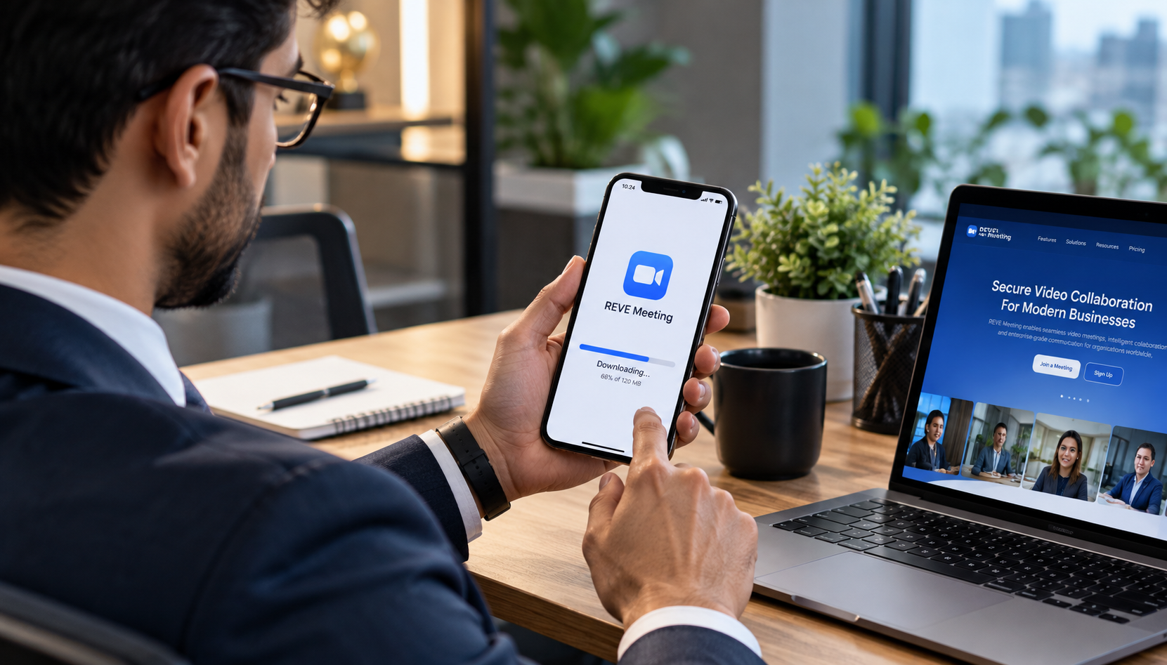 A person holding a phone running the REVE Meeting app next to a laptop