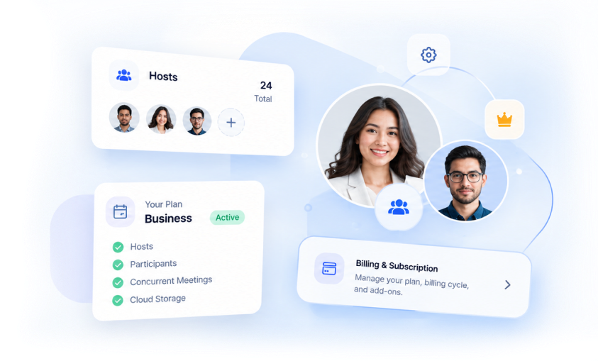 Admin panel showing hosts, current plan, and billing and subscription management