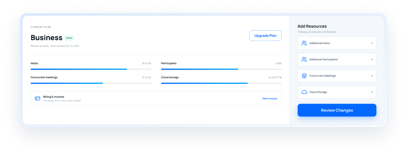 Business plan billing panel with usage bars and add-on resource options