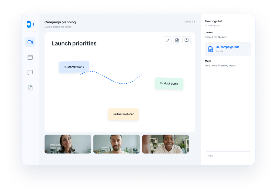 REVE Meeting in-meeting whiteboard with shared notes and meeting chat