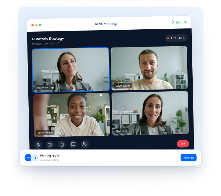 REVE Meeting video call with four participants and a waiting room panel