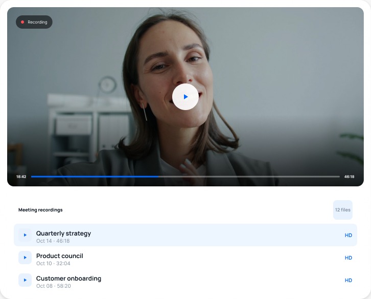 REVE Meeting recording playback with a list of saved meeting recordings