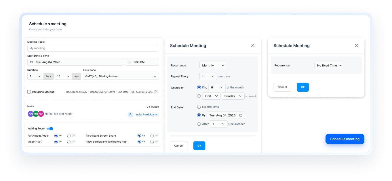 REVE Meeting scheduling panel with recurrence, time zone, and invite options